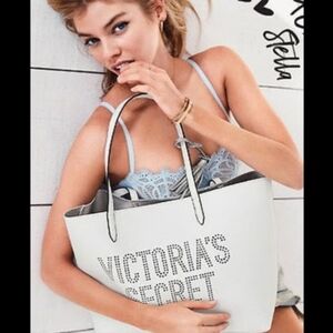 Victoria's Secret Laser Cut Large Logo Tote Bag Faux Leather Open Top White NWT